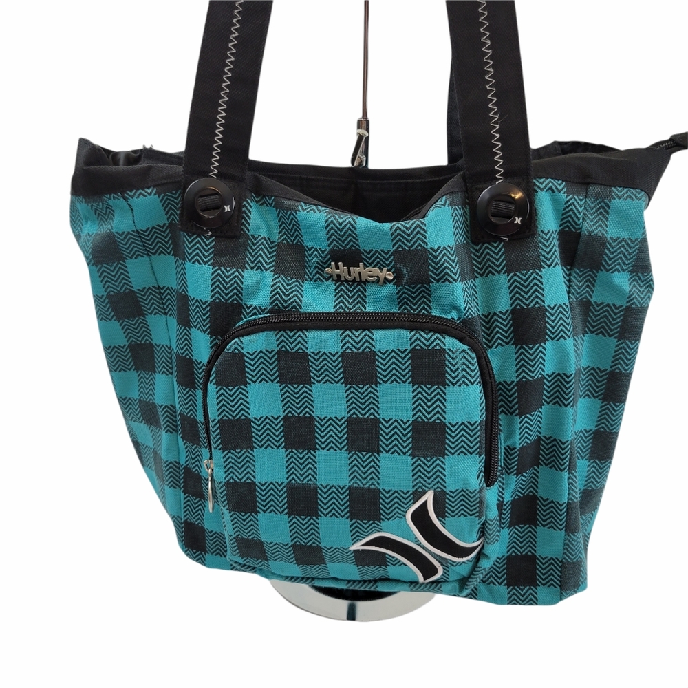 HURLEY TOTE BLUE/BLACK PLAID LORGE ZIP OPENING